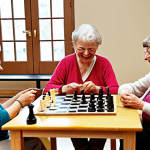**

A vibrant and active senior center scene. Several older adults are engaged in different brain-boosting activities. Some are playing chess, others are participating in a book club discussion with coffee and "fika" pastries, and a small group is laughing while learning to paint watercolors. In the background, someone is leading a gentle yoga class. The overall feeling is one of community, engagement, and active aging.

**