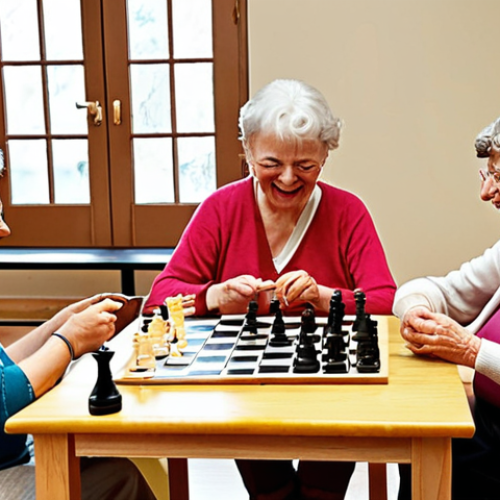 **

A vibrant and active senior center scene. Several older adults are engaged in different brain-boosting activities. Some are playing chess, others are participating in a book club discussion with coffee and "fika" pastries, and a small group is laughing while learning to paint watercolors. In the background, someone is leading a gentle yoga class. The overall feeling is one of community, engagement, and active aging.

**