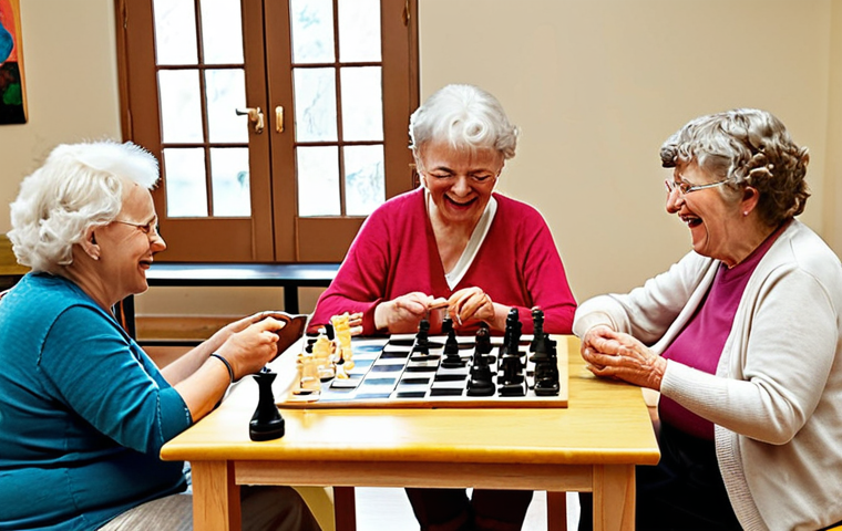 **

A vibrant and active senior center scene. Several older adults are engaged in different brain-boosting activities. Some are playing chess, others are participating in a book club discussion with coffee and "fika" pastries, and a small group is laughing while learning to paint watercolors. In the background, someone is leading a gentle yoga class. The overall feeling is one of community, engagement, and active aging.

**