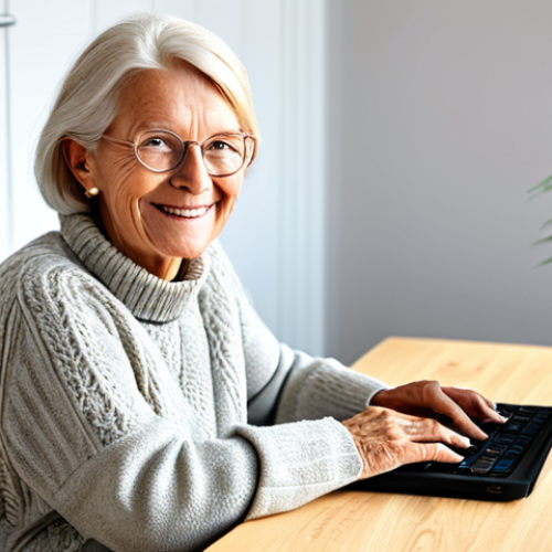 Home 22 A cheerful Swedish senior woman, approximately 70 years old, with kind eyes and a warm smile. She is fully clothed in a modest, comfortable knitted sweater and casual trousers, appropriate attire for a relaxed setting. She sits comfortably at a light wooden desk in a bright, modern Scandinavian-style home, focused on a laptop. There's a potted plant and a cup of coffee on the desk. Her hands are resting naturally on the keyboard, with proper finger count and well-formed hands. The scene evokes a sense of lifelong learning and digital engagement. Professional photography, high resolution, soft lighting, natural colors, safe for work, appropriate content, fully clothed, family-friendly, perfect anatomy, correct proportions, natural pose.