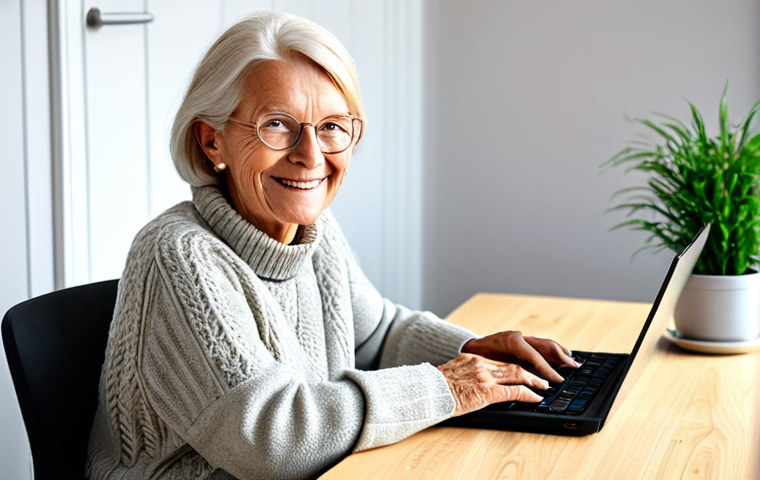 A cheerful Swedish senior woman, approximately 70 years old, with kind eyes and a warm smile. She is fully clothed in a modest, comfortable knitted sweater and casual trousers, appropriate attire for a relaxed setting. She sits comfortably at a light wooden desk in a bright, modern Scandinavian-style home, focused on a laptop. There's a potted plant and a cup of coffee on the desk. Her hands are resting naturally on the keyboard, with proper finger count and well-formed hands. The scene evokes a sense of lifelong learning and digital engagement. Professional photography, high resolution, soft lighting, natural colors, safe for work, appropriate content, fully clothed, family-friendly, perfect anatomy, correct proportions, natural pose.