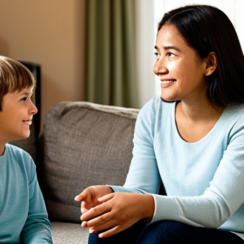 Home 21 A young child, approximately 7 years old, with a warm, gentle parent figure, sitting comfortably in a well-lit living room. The child is speaking calmly and openly, while the parent attentively listens, making eye contact and showing active engagement. The atmosphere is cozy and trusting, with soft, inviting textures in the background. Both subjects are fully clothed in modest, appropriate attire, reflecting a family-friendly setting. Professional photography, high resolution, soft focus, warm lighting. Perfect anatomy, correct proportions, natural pose, well-formed hands, proper finger count, natural body proportions. Safe for work, appropriate content, fully clothed, professional, modest.