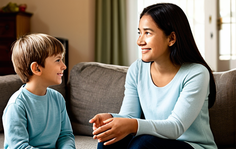 A young child, approximately 7 years old, with a warm, gentle parent figure, sitting comfortably in a well-lit living room. The child is speaking calmly and openly, while the parent attentively listens, making eye contact and showing active engagement. The atmosphere is cozy and trusting, with soft, inviting textures in the background. Both subjects are fully clothed in modest, appropriate attire, reflecting a family-friendly setting. Professional photography, high resolution, soft focus, warm lighting. Perfect anatomy, correct proportions, natural pose, well-formed hands, proper finger count, natural body proportions. Safe for work, appropriate content, fully clothed, professional, modest.