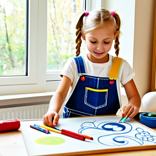 "Skaparhörna" (Creative Corner)**

"A bright and cheerful children's art corner. A small wooden table covered in colorful art supplies: paper, crayons, paintbrushes, modeling clay.  A child, around 6 years old, with blonde pigtails and a denim overall, is deeply focused on sculpting a clay figure.  In the background, cheerful children's drawings are pinned to a corkboard. Natural light streams in from a window.  Family-friendly, safe for work, fully clothed, appropriate attire, perfect anatomy, natural proportions, high quality, children's illustration style, pastel colors."

**