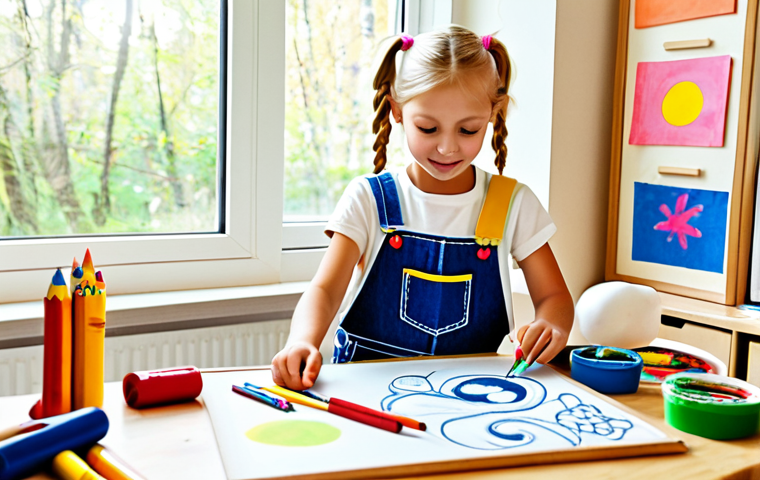 "Skaparhörna" (Creative Corner)**

"A bright and cheerful children's art corner. A small wooden table covered in colorful art supplies: paper, crayons, paintbrushes, modeling clay.  A child, around 6 years old, with blonde pigtails and a denim overall, is deeply focused on sculpting a clay figure.  In the background, cheerful children's drawings are pinned to a corkboard. Natural light streams in from a window.  Family-friendly, safe for work, fully clothed, appropriate attire, perfect anatomy, natural proportions, high quality, children's illustration style, pastel colors."

**